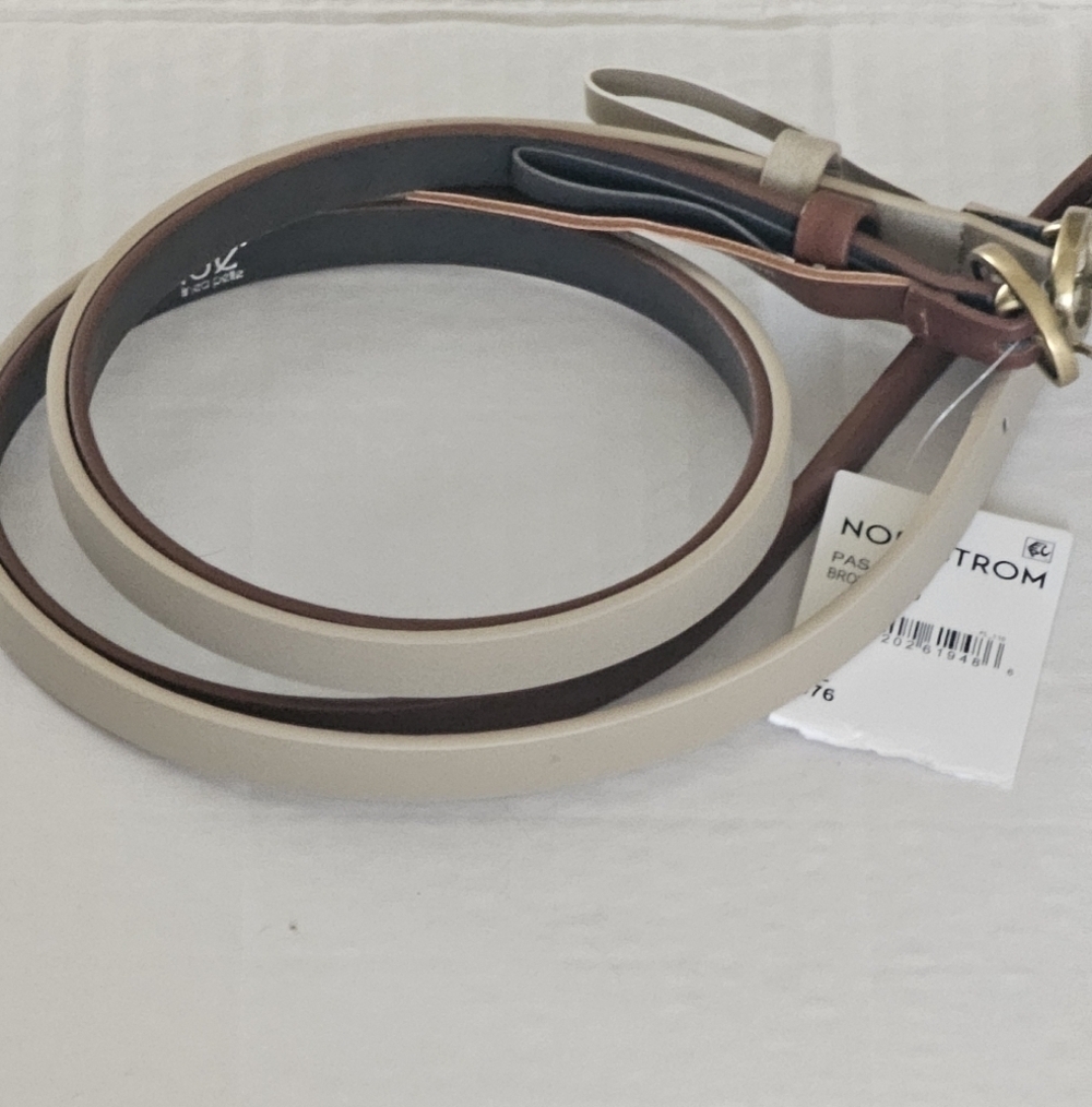 New Nordstrom Set Of 2 Hammered Buckle Faux Leather Belts Brown/Gold XLarge - Picture 3 of 12